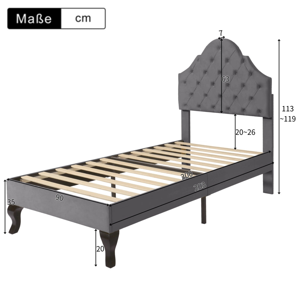 Letto imbottito 90x200 cm con rete a doghe e testiera regolabile in velluto grigio