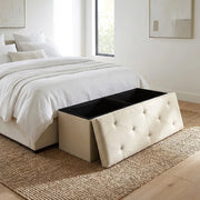 Panca Contenitore XXL 110 cm con Seduta Imbottita e Vano Salvaspazio, Pouf Contenitore Effetto Lino, Portata 150 kg, Cassapanca Pieghevole Off White
