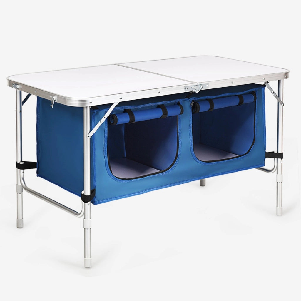Tavolo da campeggio pieghevole portatile in alluminio con borsa grande-Tavolo con scompartimenti per interno e esterno Blu