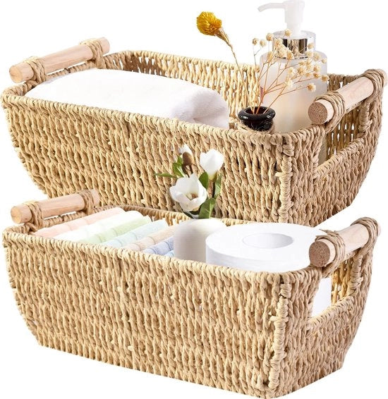 Pannello di archiviazione con cesta di cartone riciclabile, cestini intrecciati per l'organizzazione con maniglia in legno, contenitore decorativo per la zona cucina, cesta per il sapone da bagno per il bagno