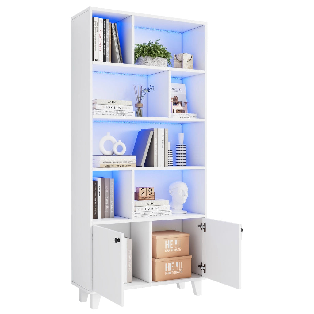 Libreria 80 x 30 x 173 cm con luci LED, 7 scomparti, ante doppie e struttura in MDF con piedi in legno massello