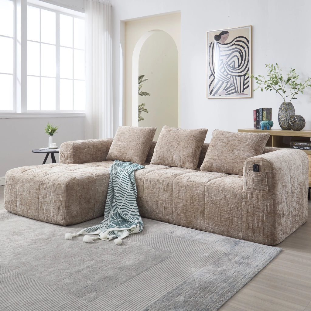 DIVANO SEZIONALE 250x158x60 cm Chenille Cachi con 3 Cuscini