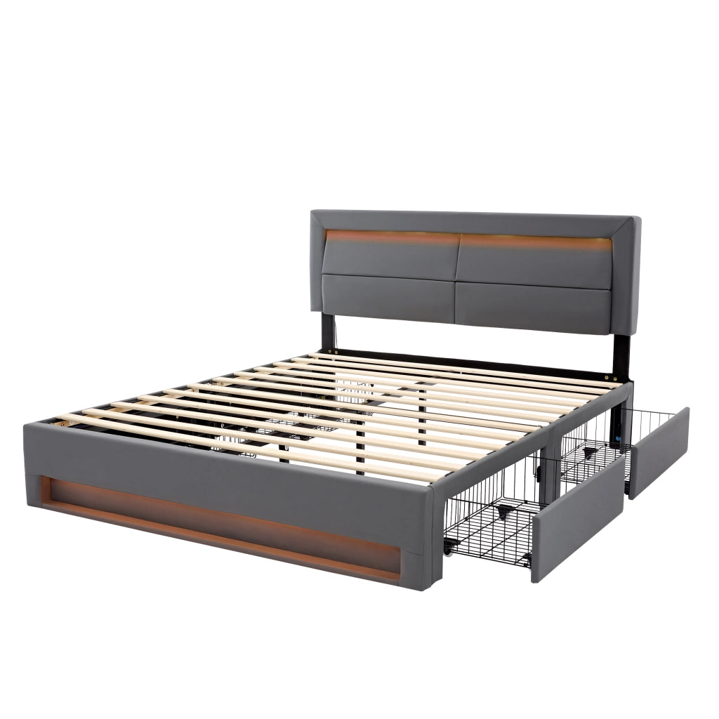 Letto imbottito matrimoniale 140x190 cm in PU grigio con LED, USB, contenitore a 4 cassetti, senza materasso