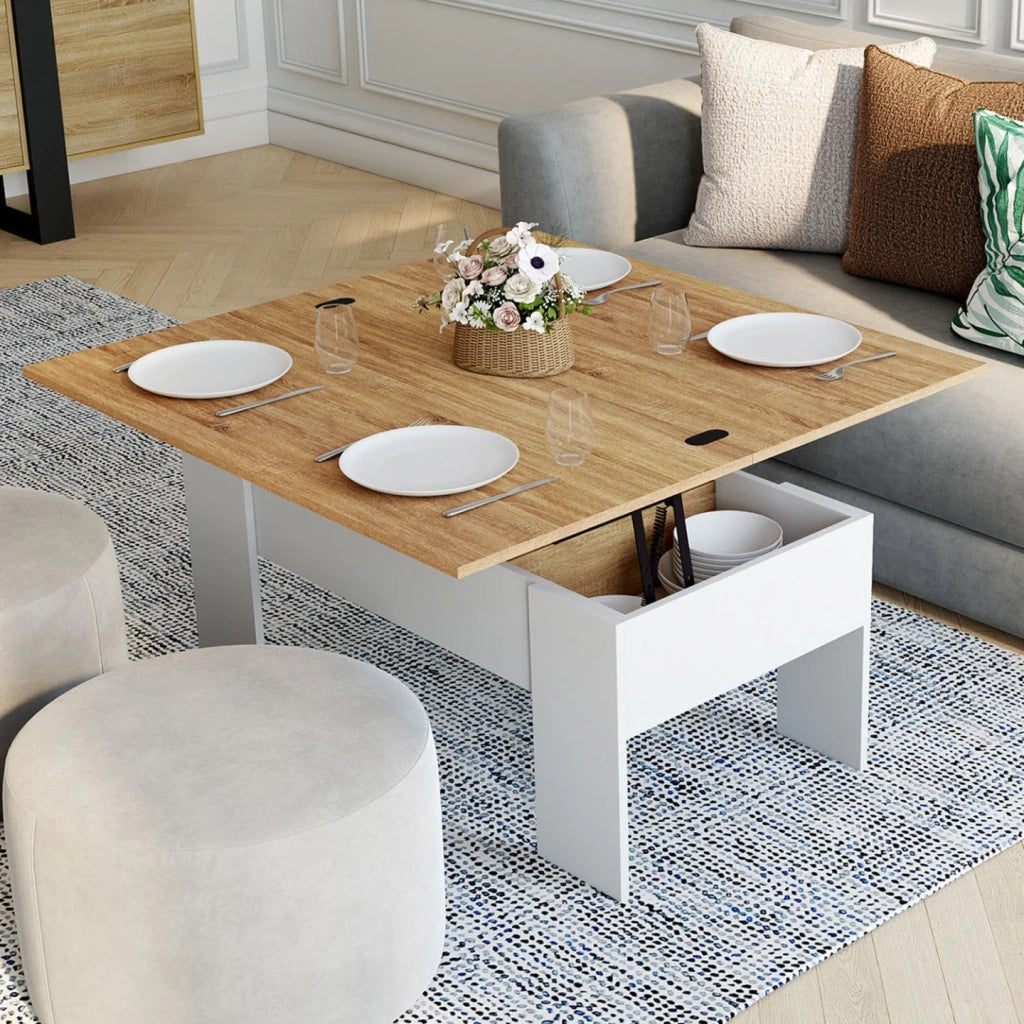 IDMarket - Tavolino rettangolare con piano sollevabile, trasformabile in tavolo da pranzo TARA, in legno bianco e faggio finto