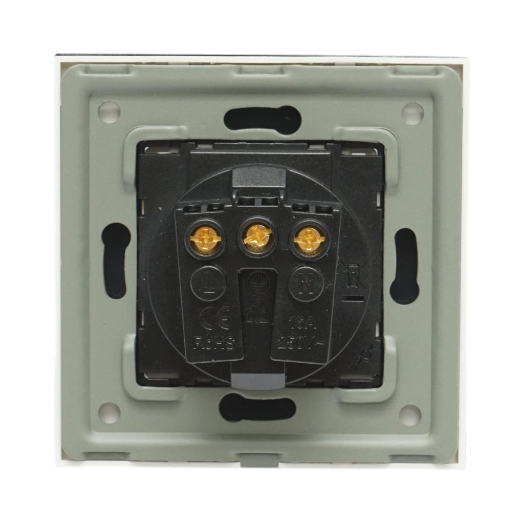 Presa schuko da incasso bianca 220V, 16A, coperchio trasparente, cornice in vetro 86x86x34mm