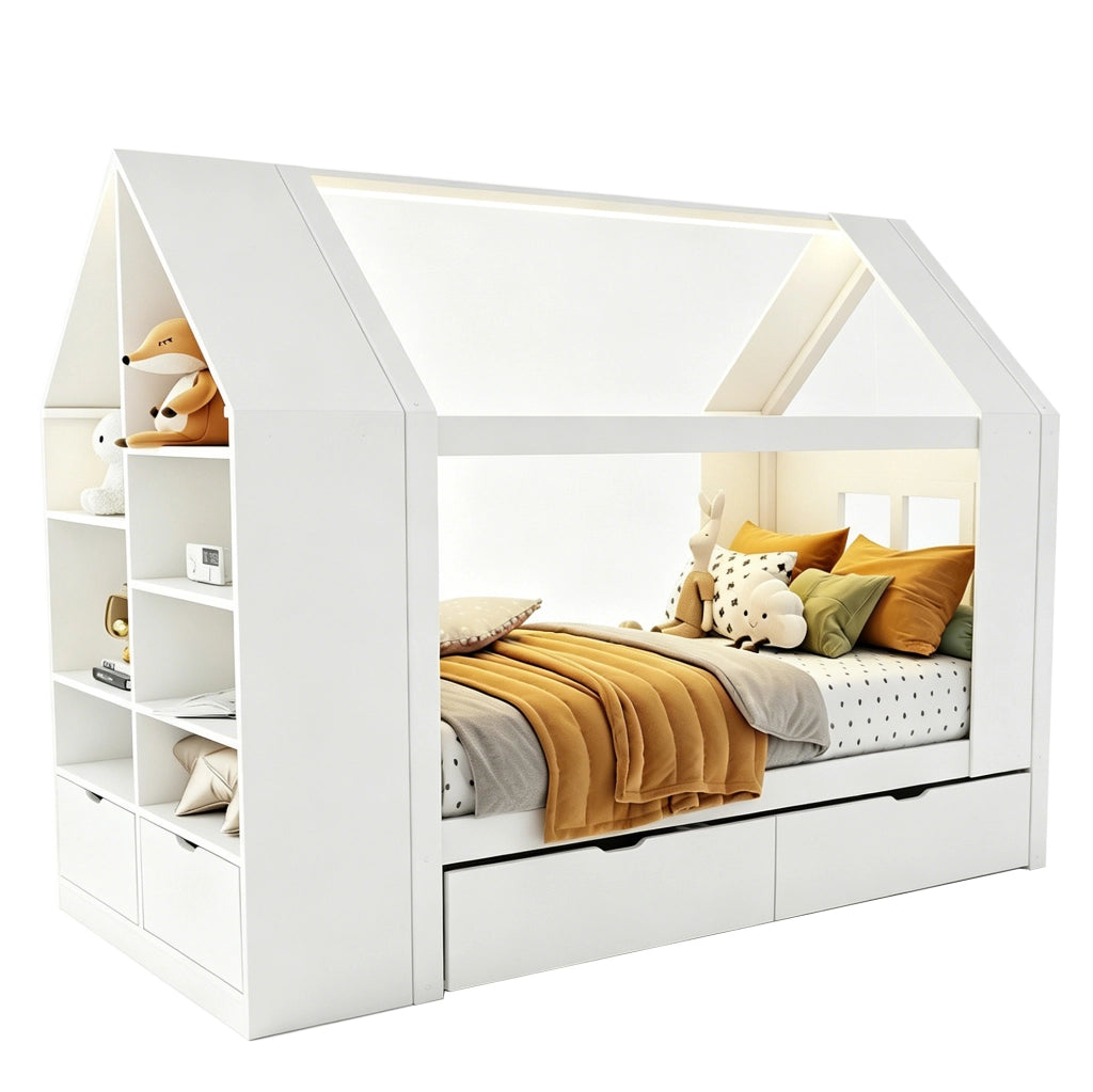 Letto a casetta per bambini 90x200 cm bianco con LED e cassetti