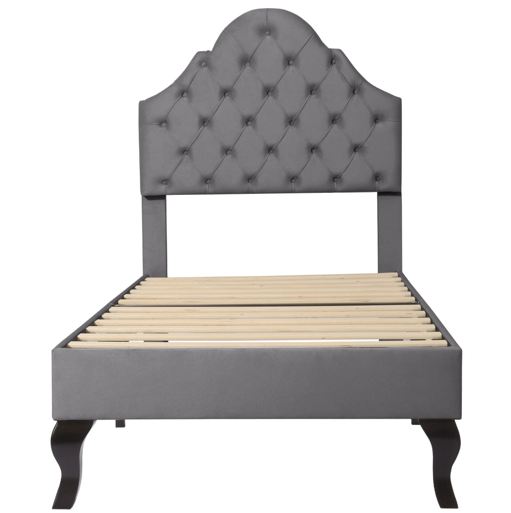 Letto imbottito singolo 90x200 cm in velluto grigio con testiera imbottita e rete a doghe