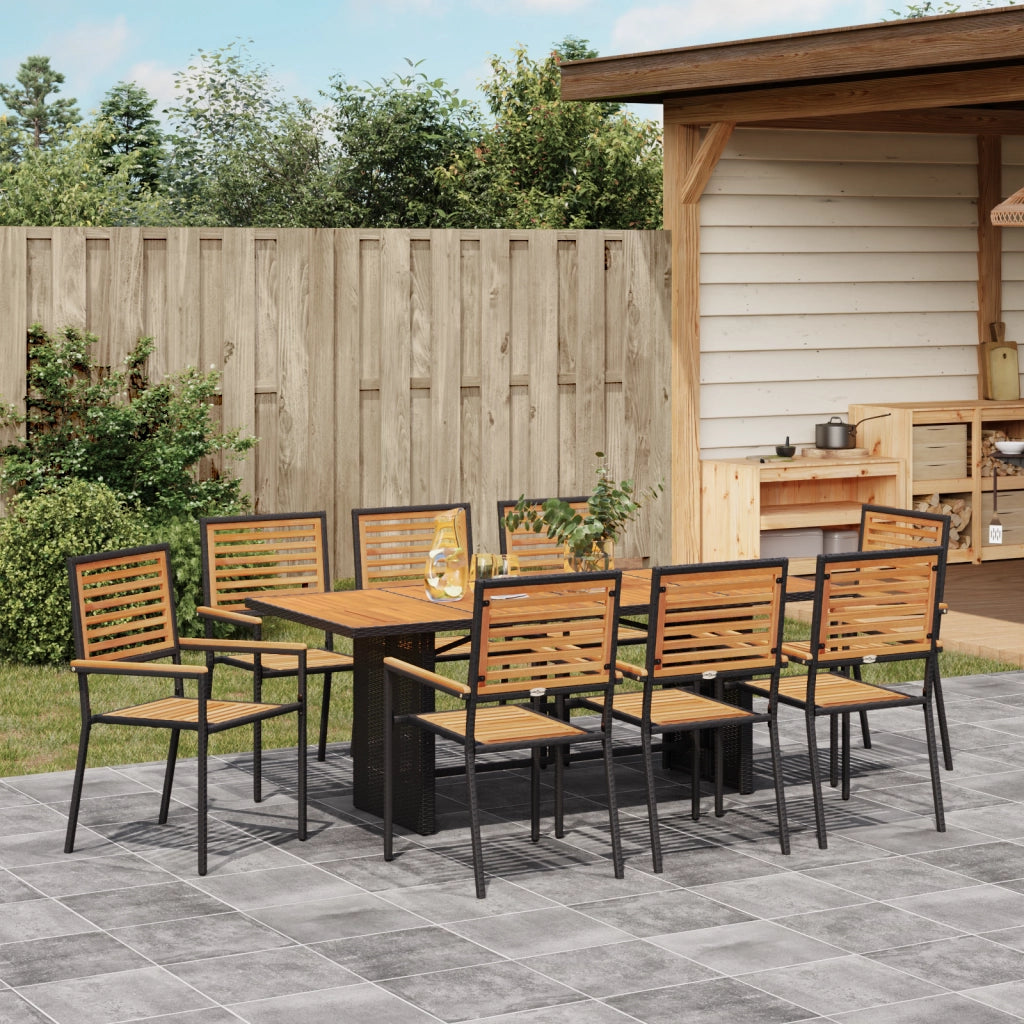 Set da Pranzo da Giardino in Rattan Sintetico Nero Acacia 9 Pezzi