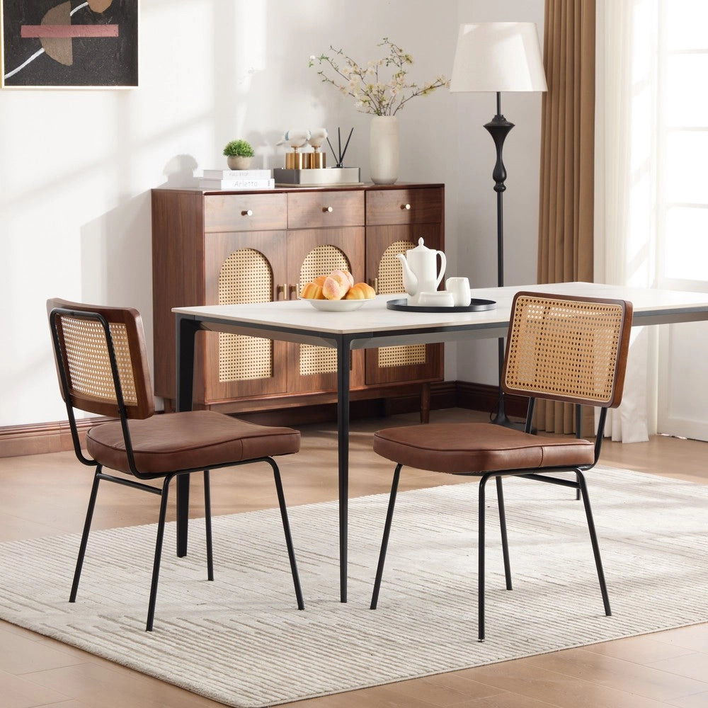 Sedia da Pranzo in Legno Massello e Rattan ¨C MINIMAL ¨C Set 2, Similpelle, Stile Retr¨°, Nero/Marrone