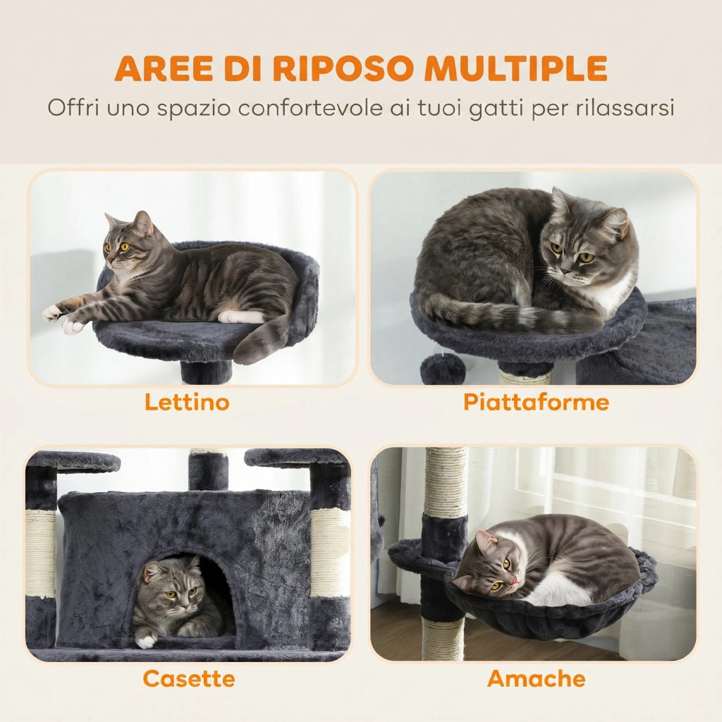 Albero Tiragraffi per Gatti Alto con Casette e Amache, 60x60x200cm, Grigio Scuro