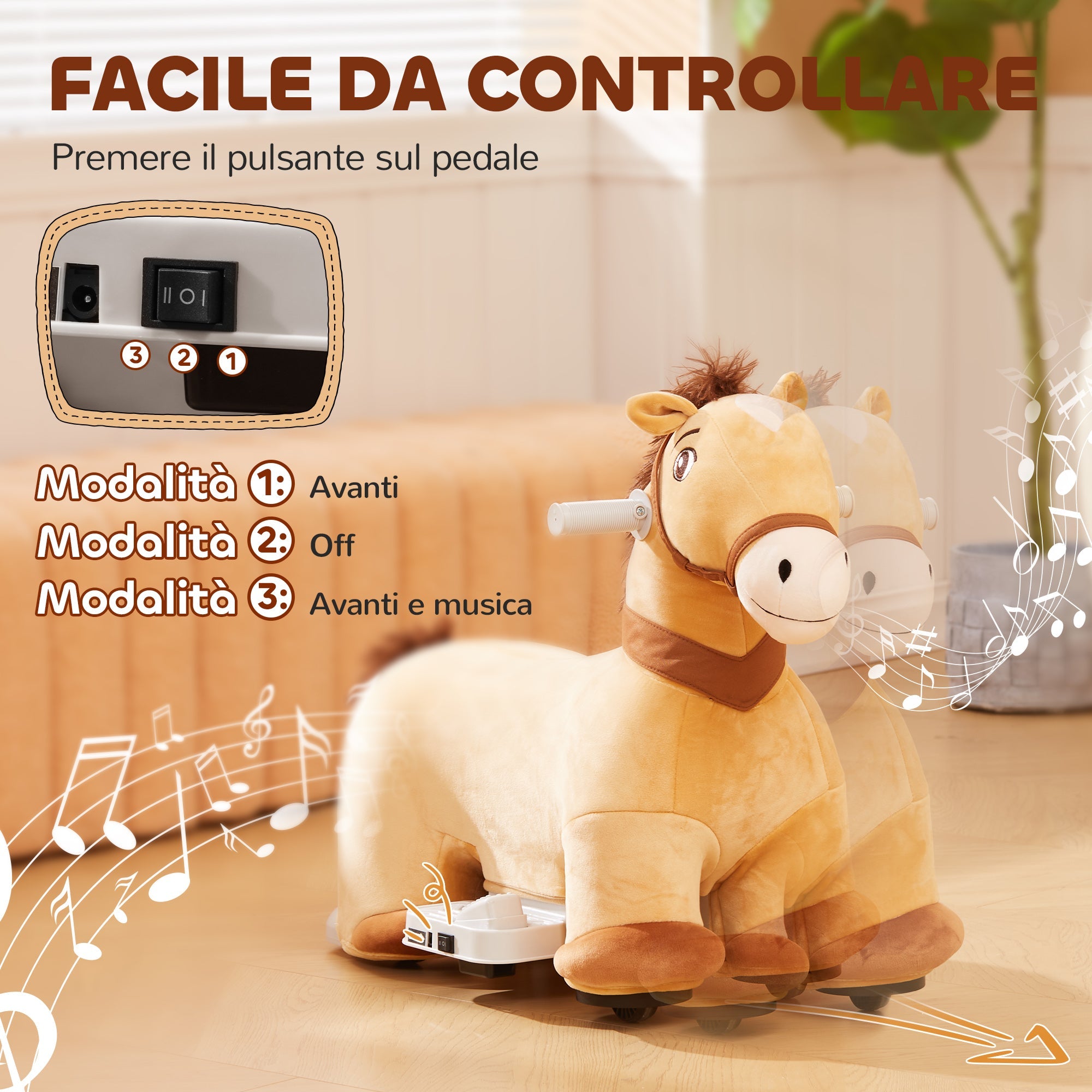 Cavallo Cavalcabile Elettrico 6V per Bambini con Ruote in PU e Musica Marrone