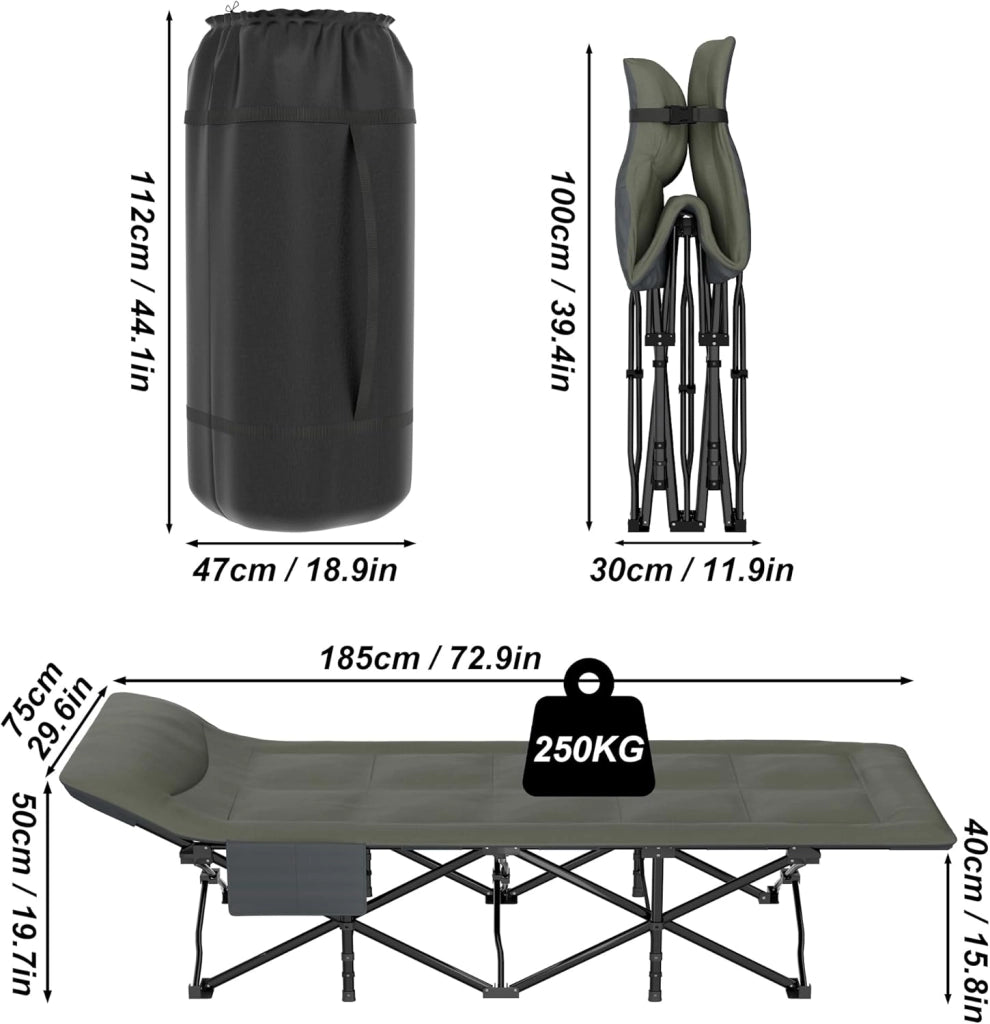 FIVMEN Lettino pieghevole da campeggio, 185 x 75 cm, con materasso, cuscino e tasca laterale, per ospiti e campeggio, portata fino a 250 kg, per esterni, campeggio, giardino