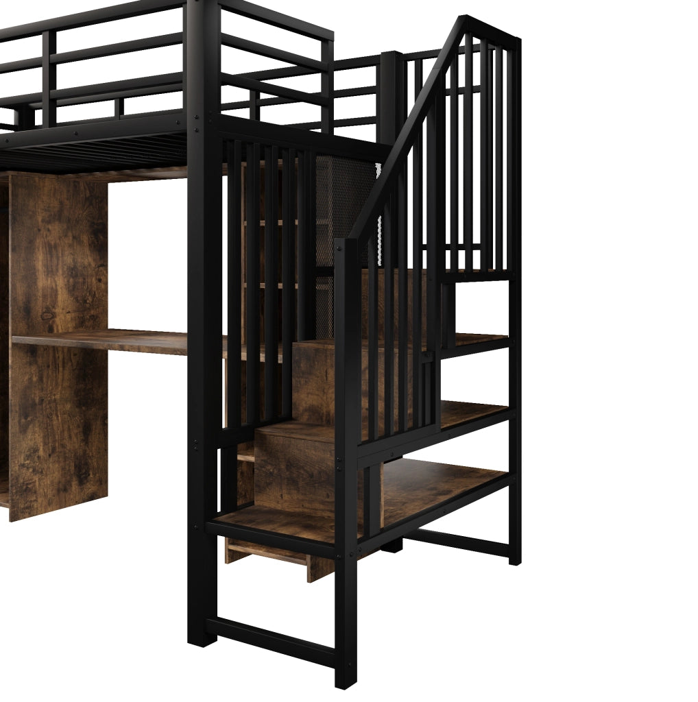 Letto a soppalco ULEVR 90x200 cm con armadio, scrivania e gradini contenitore, metallo e MDF nero