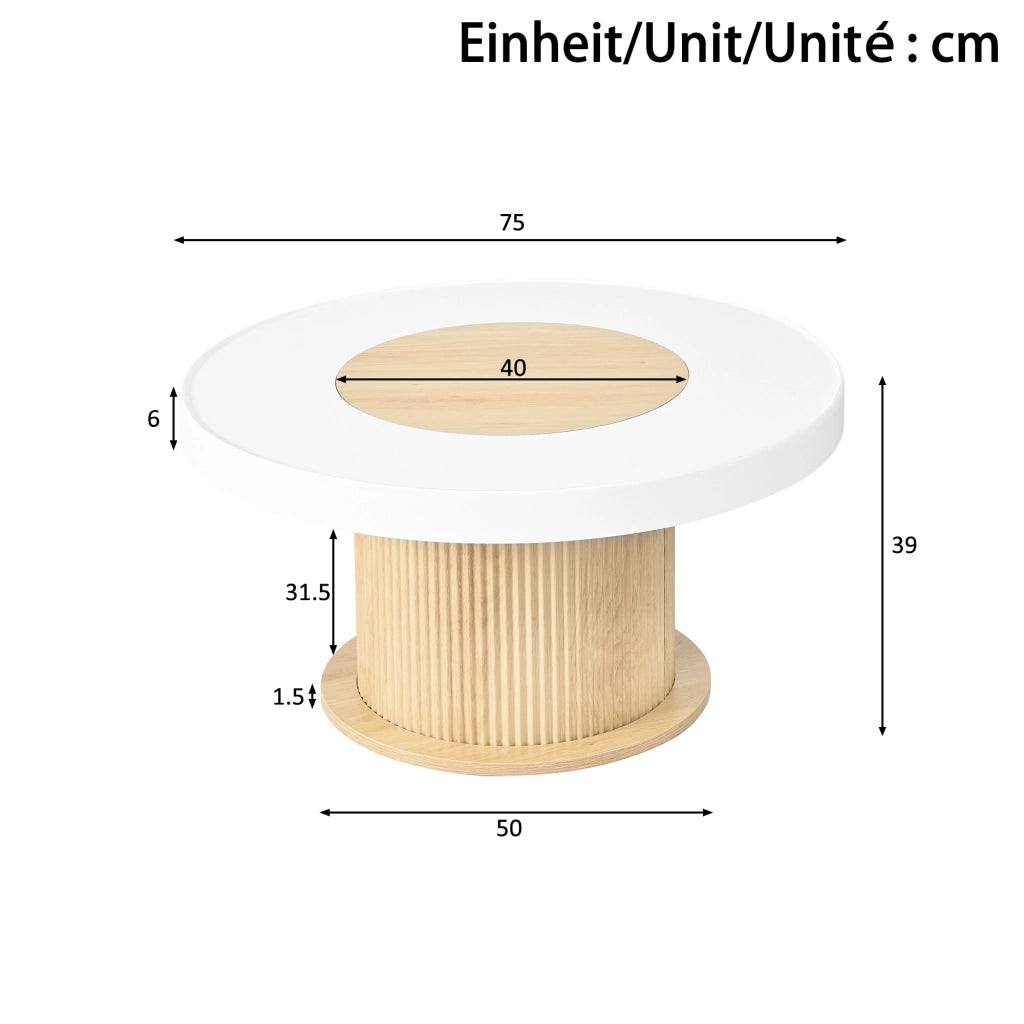 Tavolino basso rotondo con piano bicolore bianco e legno, base cilindrica scanalata, per soggiorno, 75 × 75 × 39 cm