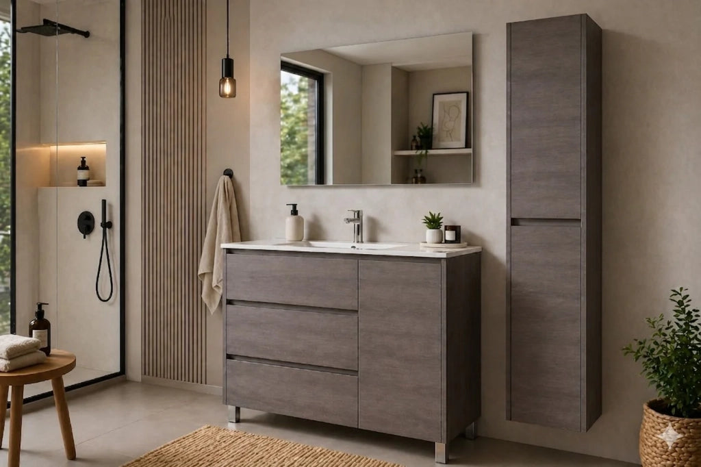 Mobile Bagno VOLUM Già Montato 3 cassetti e porta, lavabo e specchio Rovere affumicato 90x45 cm con colonna
