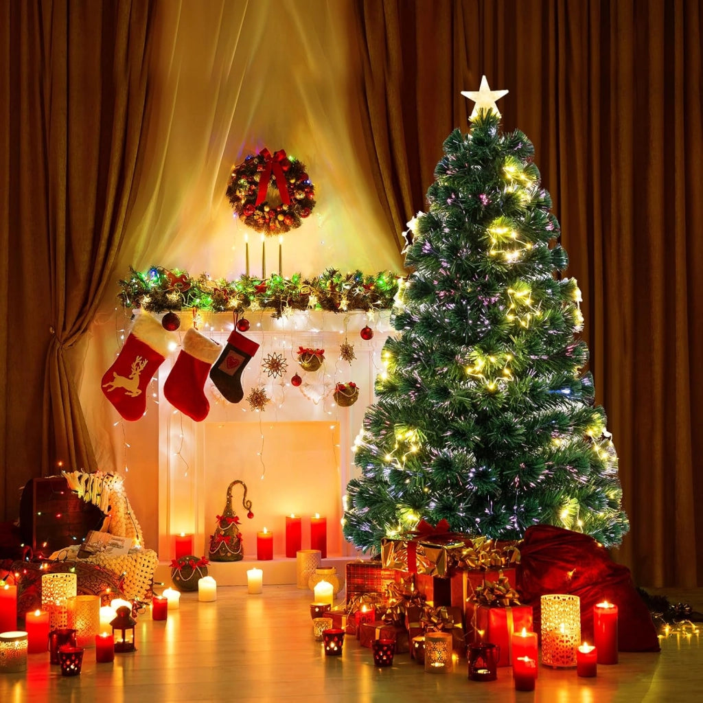 Albero di Natale Artificiale 120/150/180 cm in PVC, Albero di Natale Pre-Illuminato con 18/24/36 Luci, 130/170/230 Punte di Rami, Supporto in Metallo, Christmas Tree, 75 x 150 cm (Dia. x A)