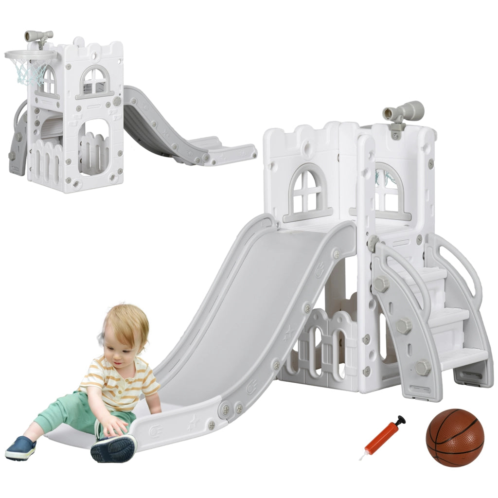 Scivolo per bambini 5 in 1 con canestro e struttura di arrampicata telescopica ¨C Xylo ¨C Grigio 70x177x92cm