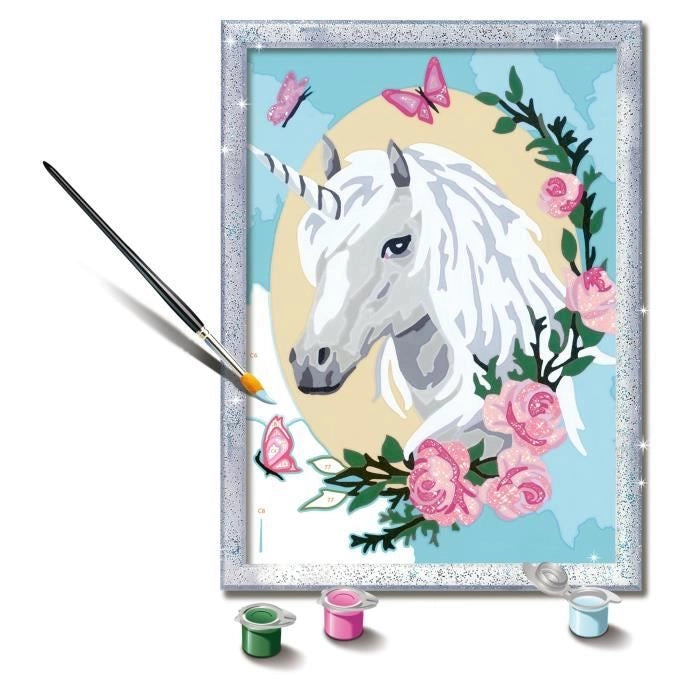 CreArt Kids 18x24cm Unicorno fiorito, età 9+, Kit di pittura con i numeri, Numero d'arte, 25834, Ravensburger