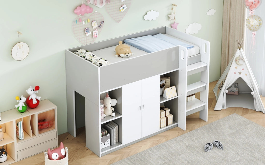 LETTO A CASTELLO 90 x 200 cm con scala, ripiani e armadio, grigio