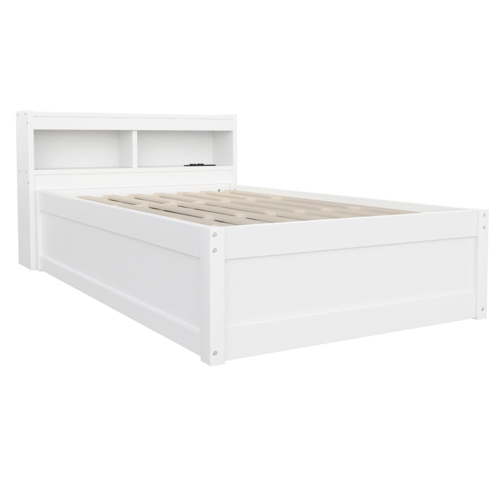 Letto singolo 90x200 cm multifunzionale con contenitore; presa integrata e LED; bianco