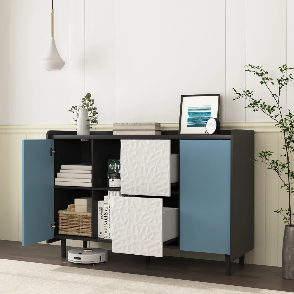Credenza con 2 Cassetti; 2 Vani Aperti e 1 Anta per Cucina in MDF 120 × 40 × 80 cm Nero e Blu
