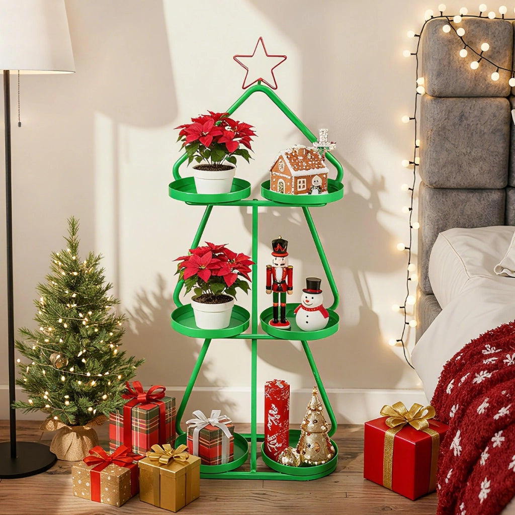 Supporto per piante di natale a forma di alberocon stella rossa e vassoi per stoccaggio, Supporto per decorazioni festive
