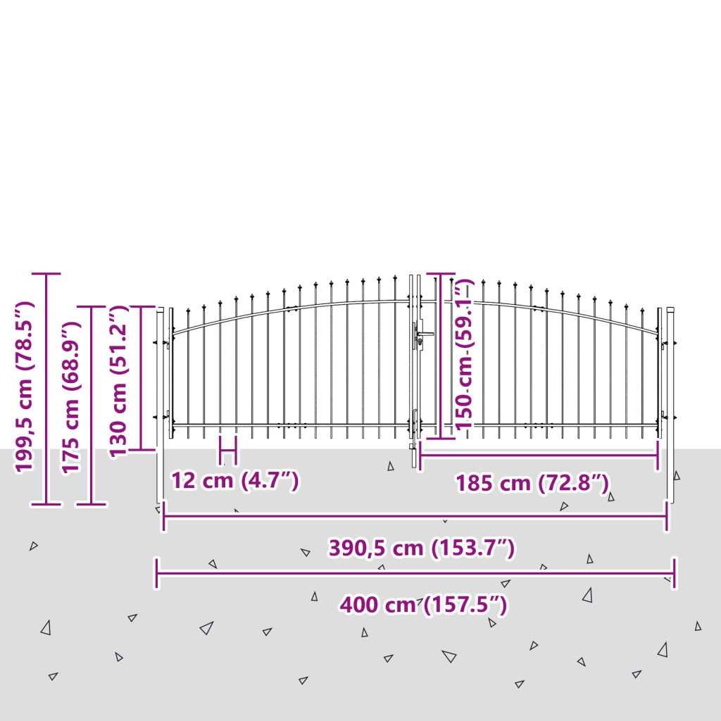 Cancello da Giardino Punta a Lancia Doppia Apertura Grigio 150x400 cm in Acciaio