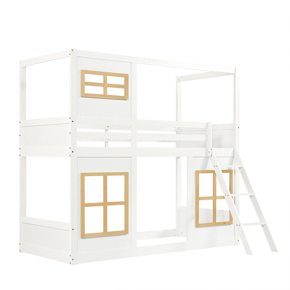 Letto a castello-Xylo-90x200cm, finestre, barriera 4 lati, bianco+naturale