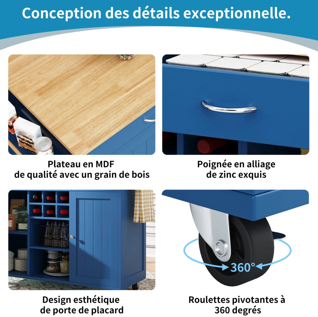 Isola da cucina mobile 102x45x92 cm blu con portabottiglie