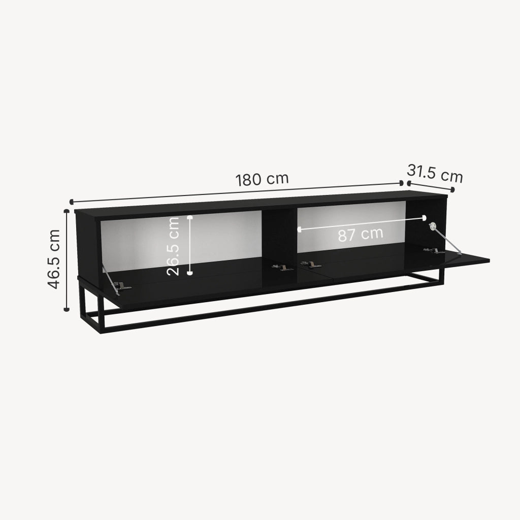 Mobile Porta TV Nolven a 2 Ante Ribalta e Telaio Lungo in Metallo 180x32x47 cm - Nero [en.casa]