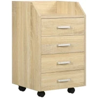 Cassettiera da Ufficio in Legno con 4 Cassetti, Ruote e Bordi Rialzati, 40x36x65cm, Legno Naturale