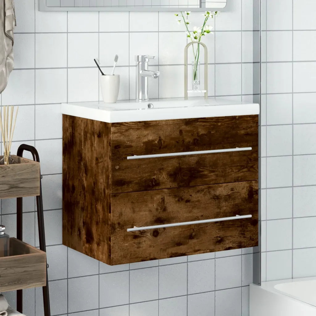 Mobile da Bagno con Lavabo Integrato-Armadietto da bagno con Lavandino Rovere Fumo