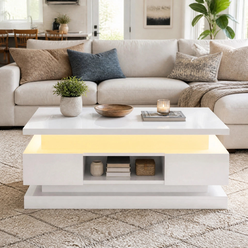 Tavolino basso sollevabile con 2 cassetti e LED in truciolare bianco per soggiorno 100 × 50 × 40 cm