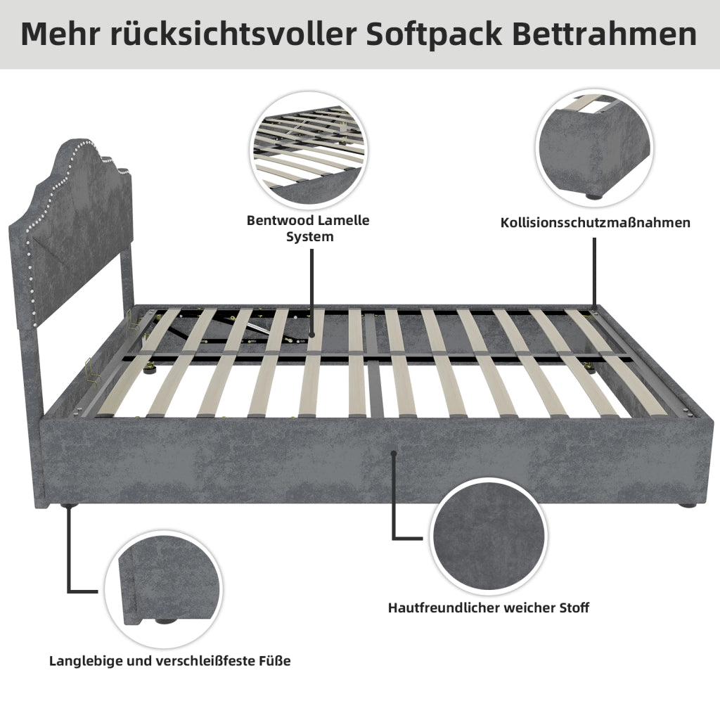 Letto Contenitore 160 x 200 cm con Testiera Geometrica e Rete a Doghe in Grigio