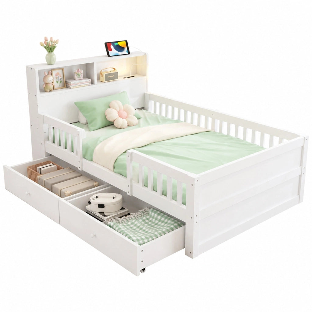 Letto singolo 90×190 cm con LED; USB e Type-C; testiera con ripiano; 2 cassetti; senza materasso; bianco
