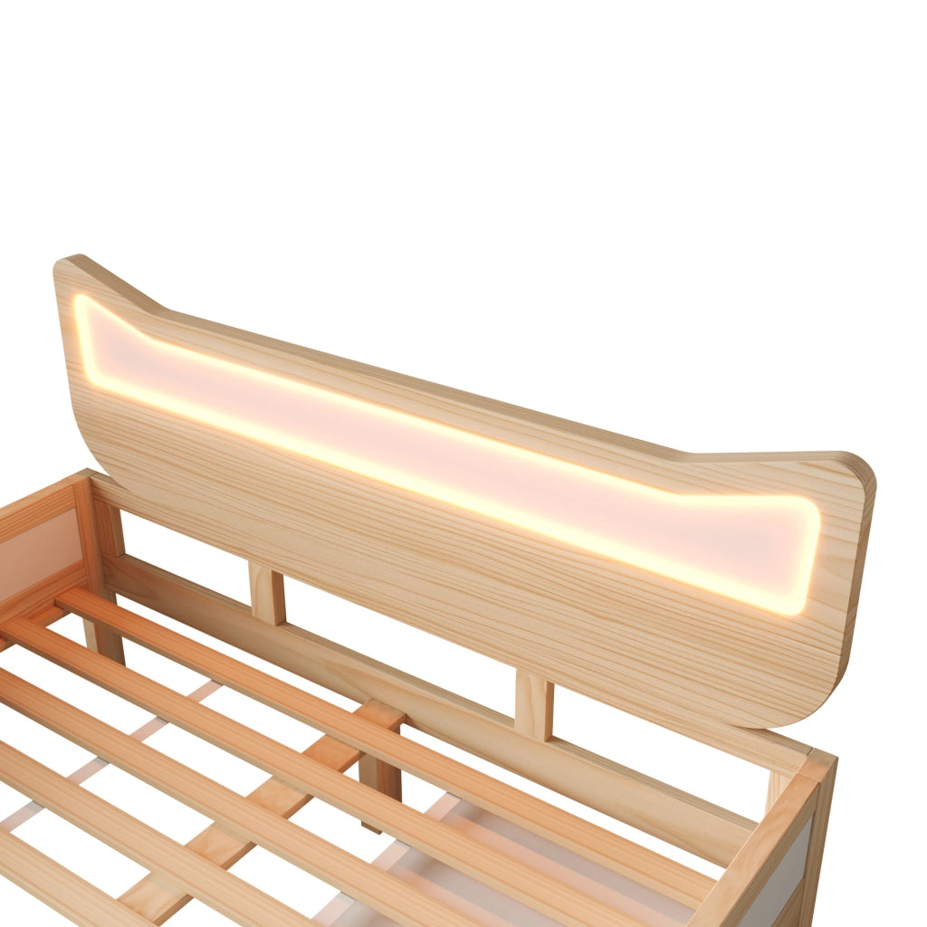 Letto per bambini 140x200 cm con LED; cassetto e vano contenitore; legno bianco e rovere