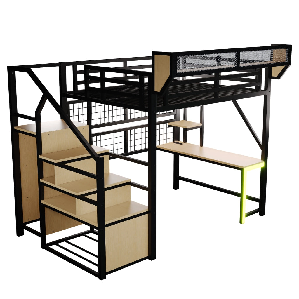 Letto a soppalco in metallo 140 x 200 cm con scrivania, scaffali, rete portaoggetti, scala di sicurezza, LED e presa, nero