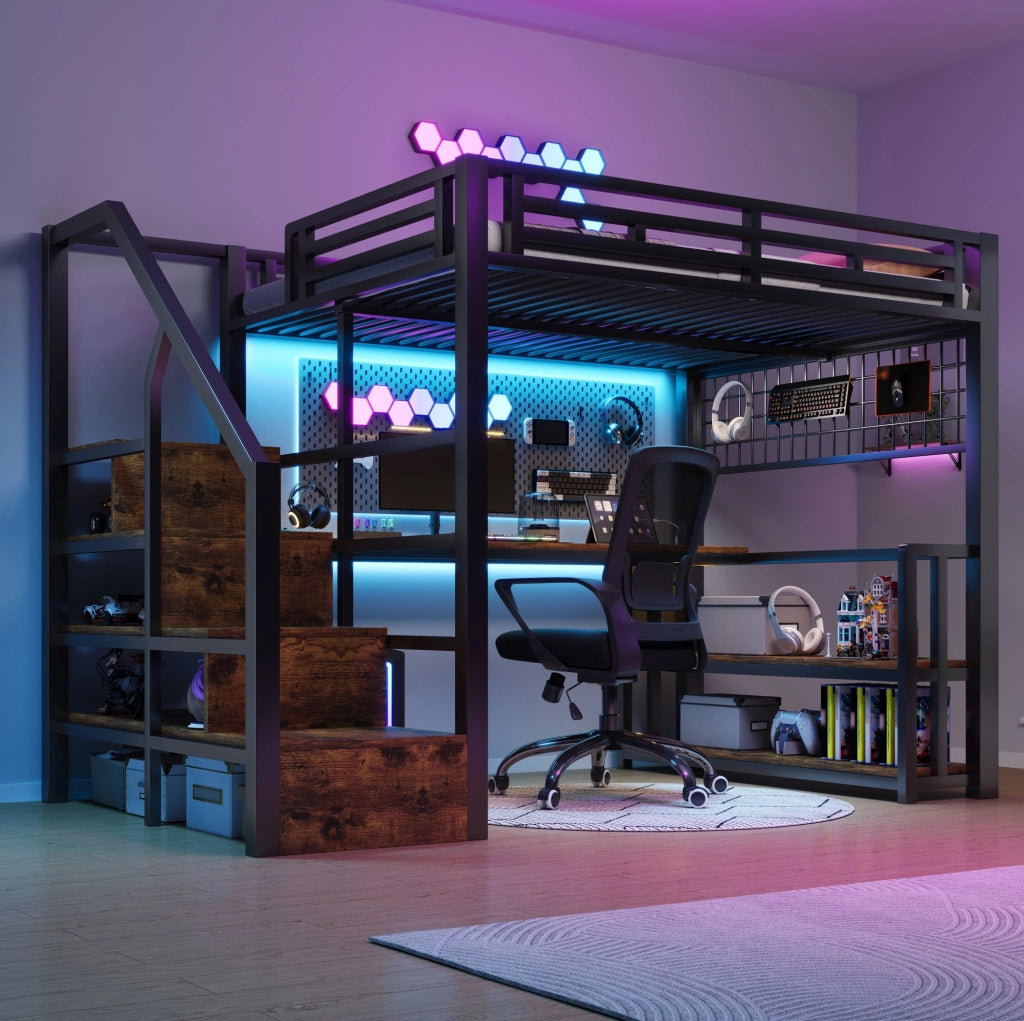 Letto a soppalco ULEVR 140x200 cm con scrivania, LED, USB e contenitori, metallo e MDF nero