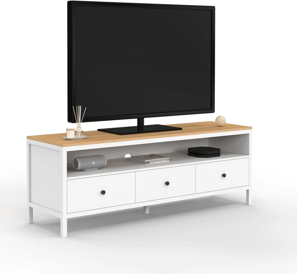 Porta TV ACHILLE 140 cm con 3 cassetti bianchi e piano in legno