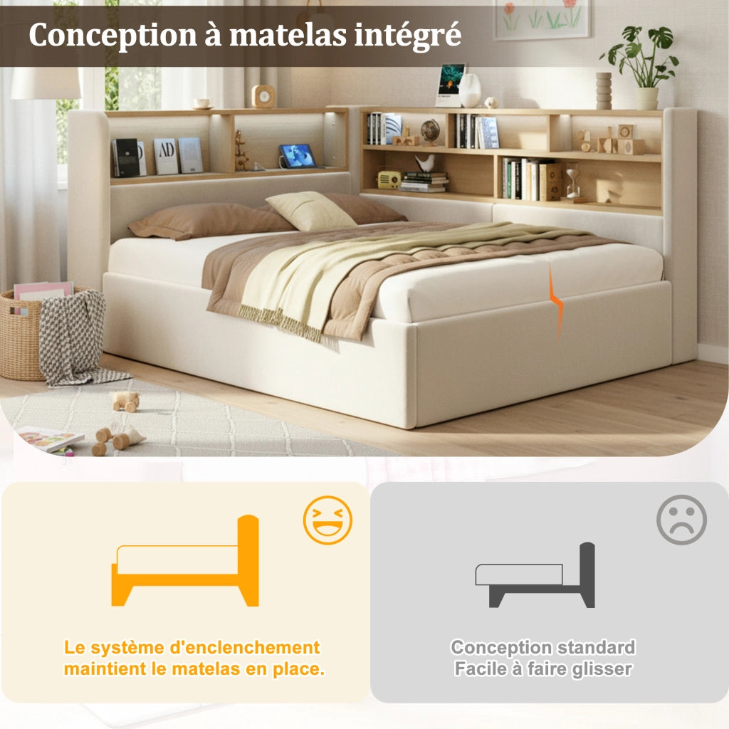 Letto a Divanetto Contenitore con LED; USB e Type-C; in Velluto; Beige