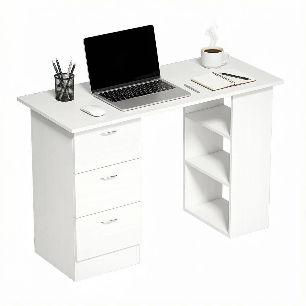 SCRIVANIA da computer 120 cm MDF bianco con 3 cassetti e 3 ripiani