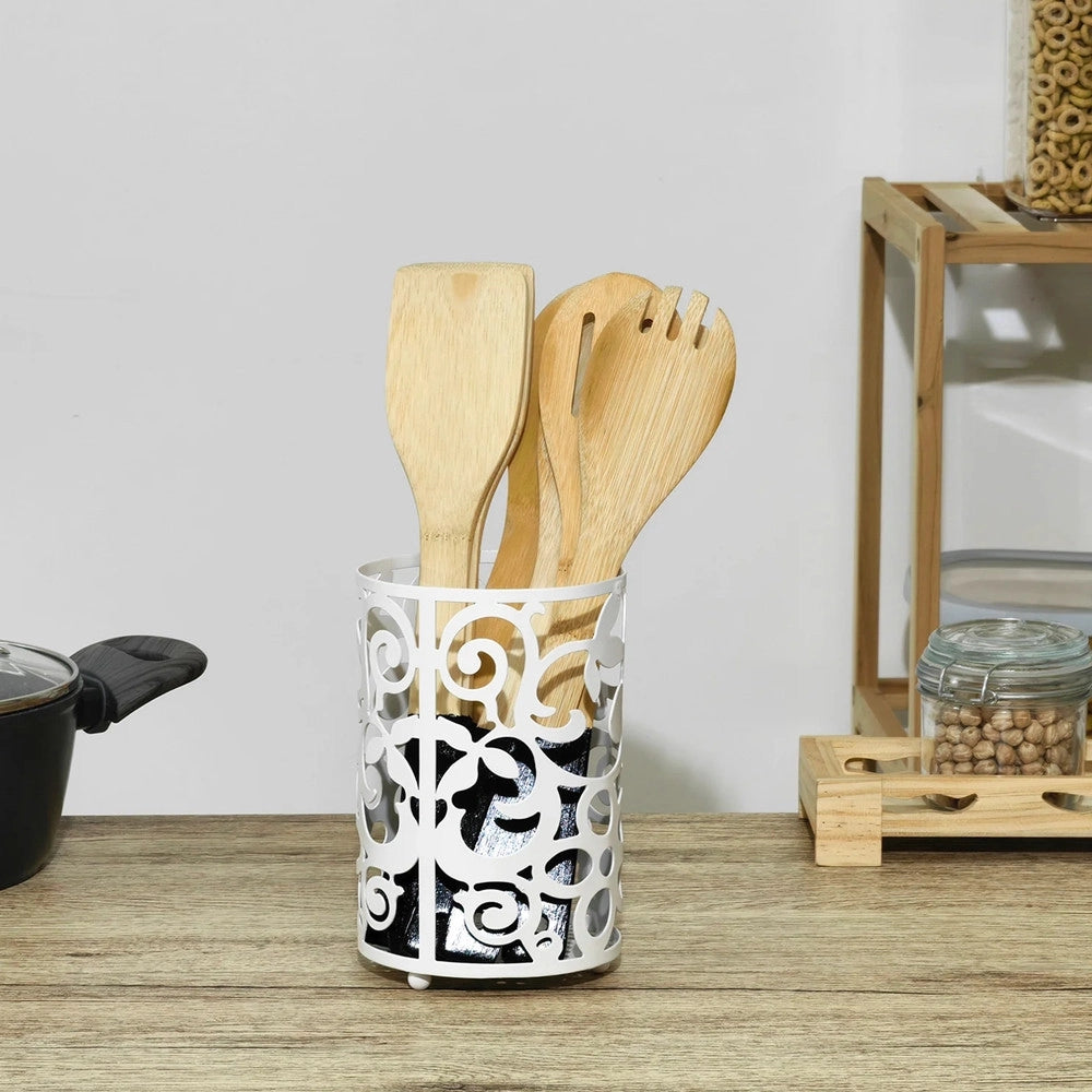 Trade Shop - Portautensili Da Cucina In Metallo Bianco H16 X ø11cm Design Traforato Decorativo -
