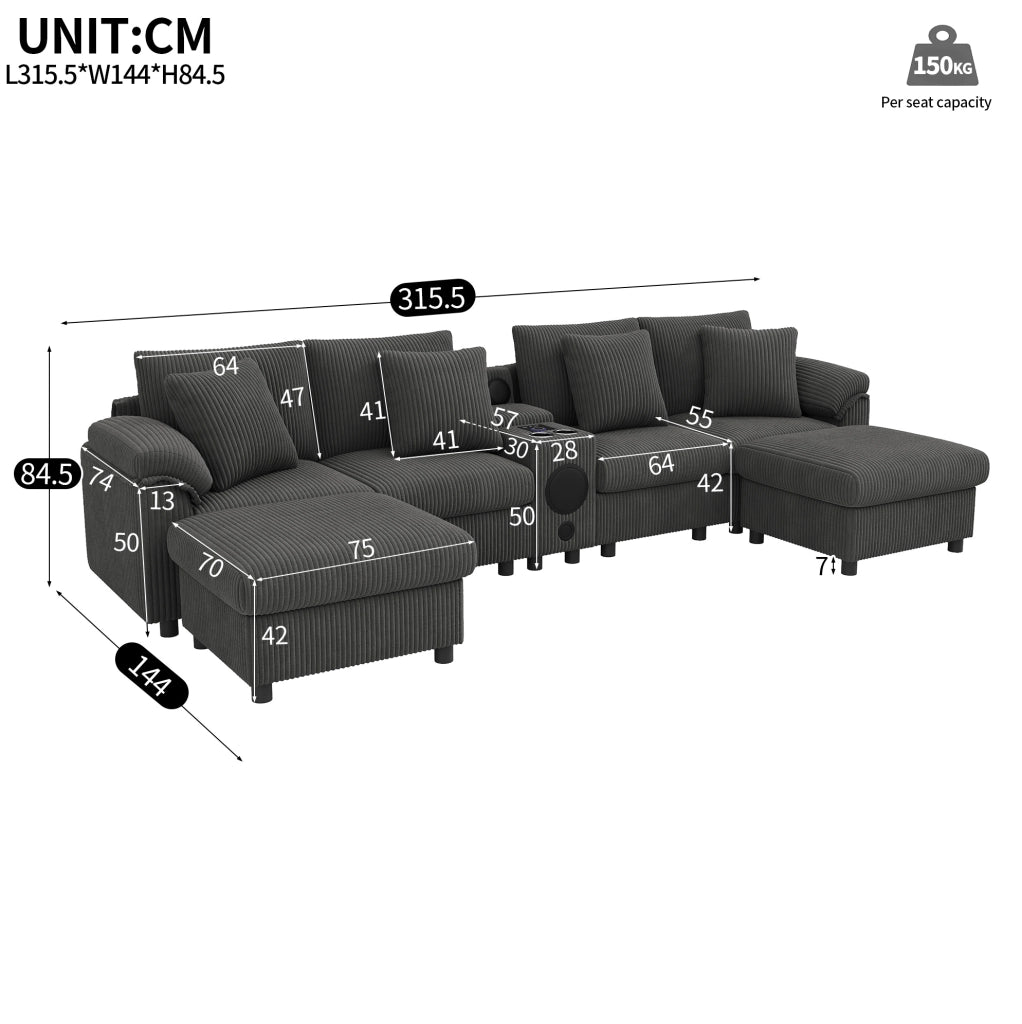 Divano modulare 4-6 posti in velluto a coste grigio 315;5 cm con Bluetooth; USB e console