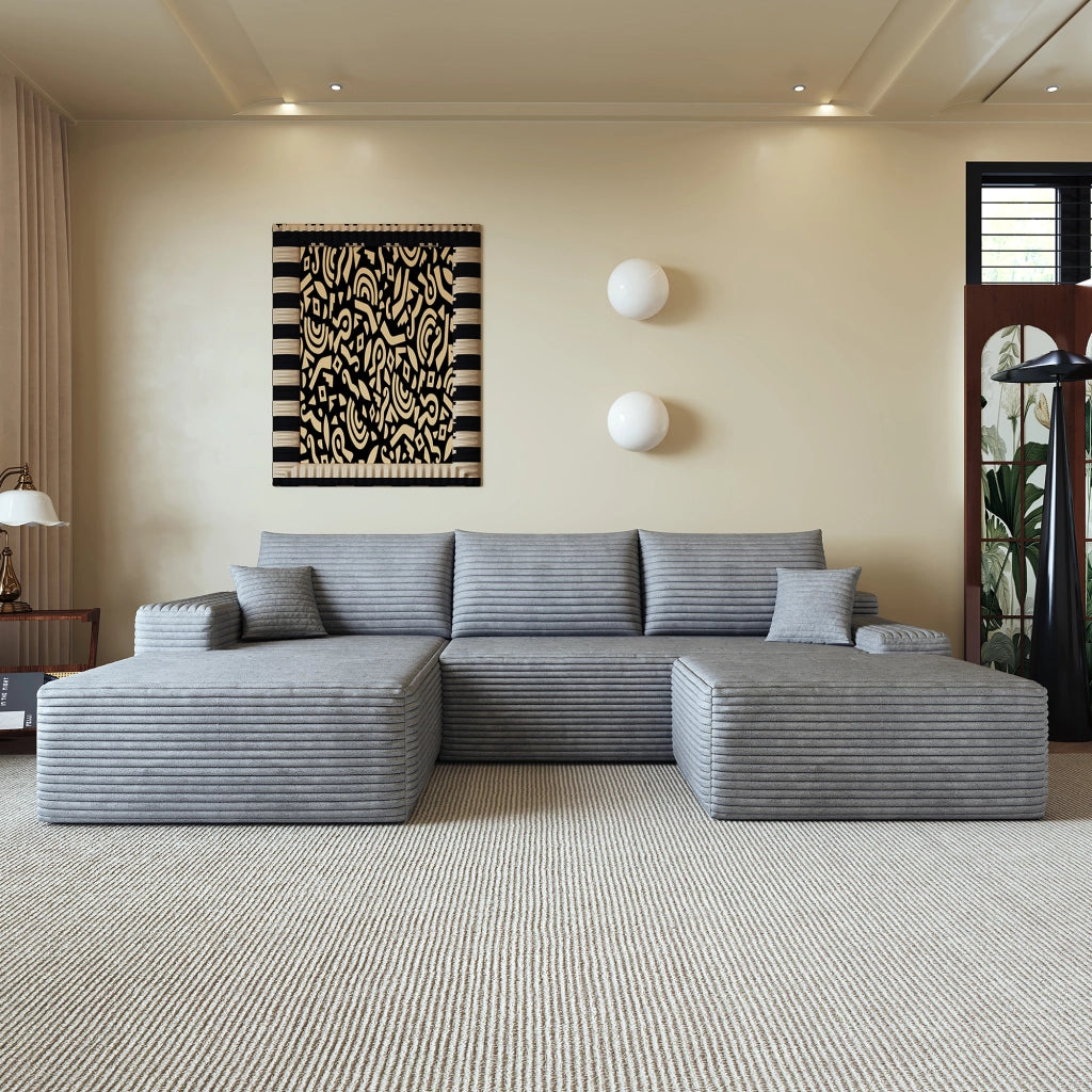 Divano angolare modulare con chaise longue a L e seduta profonda in tessuto grigio