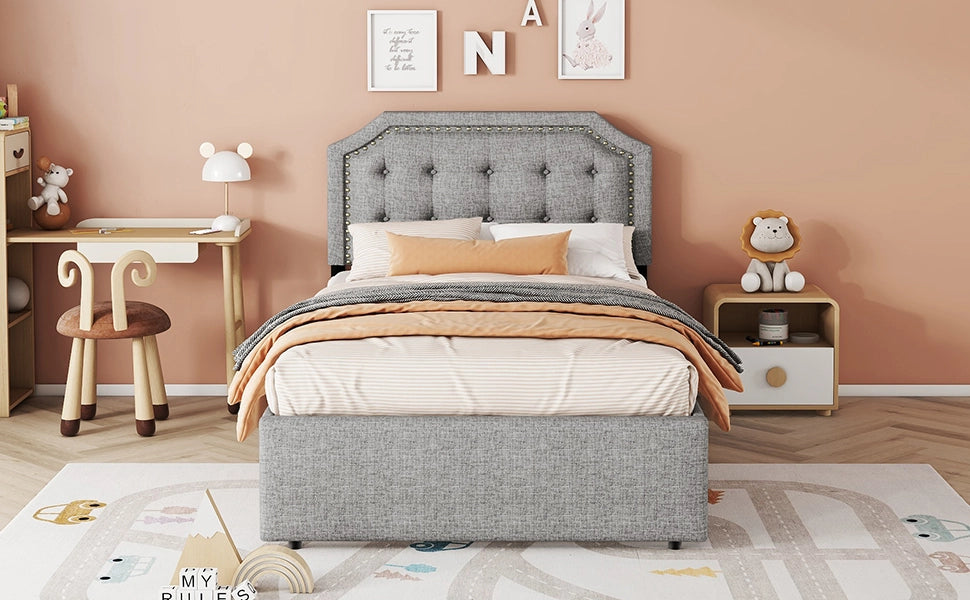 DESMIU Lit semplice 90 × 200 cm con 2 cassetti, testiera regolabile, senza materasso, in MDF e lino, grigio