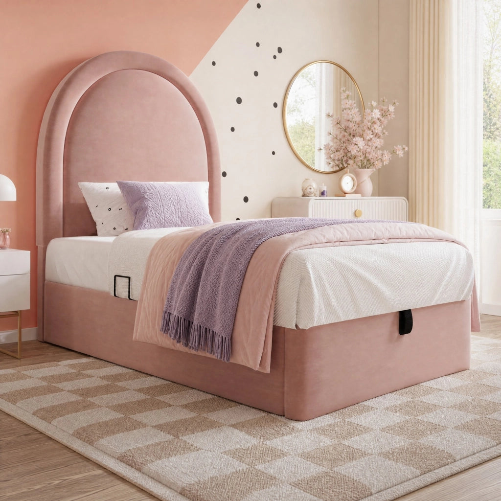 Letto singolo imbottito con contenitore e rete idraulica; 90 x 200 cm; velluto rosa