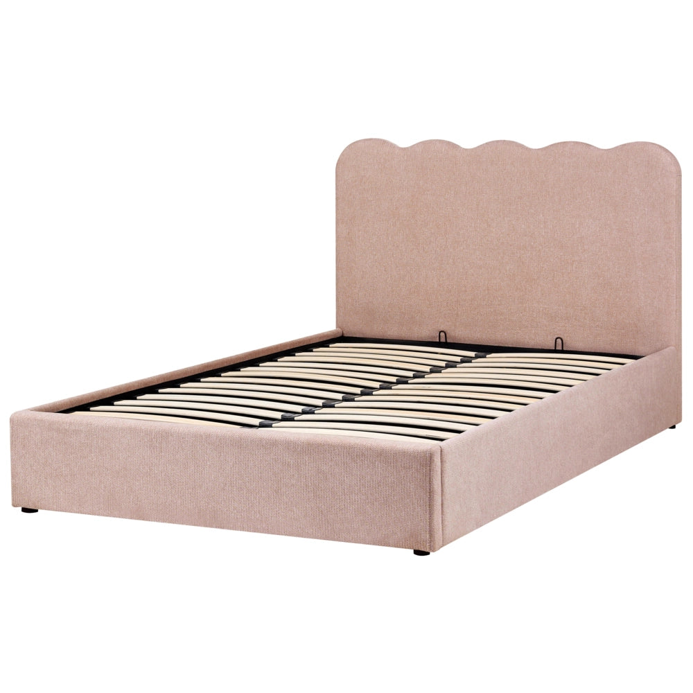 Letto in tessuto rosa pastello 140 x 200 cm contenitore elevabile con testiera e rete a doghe