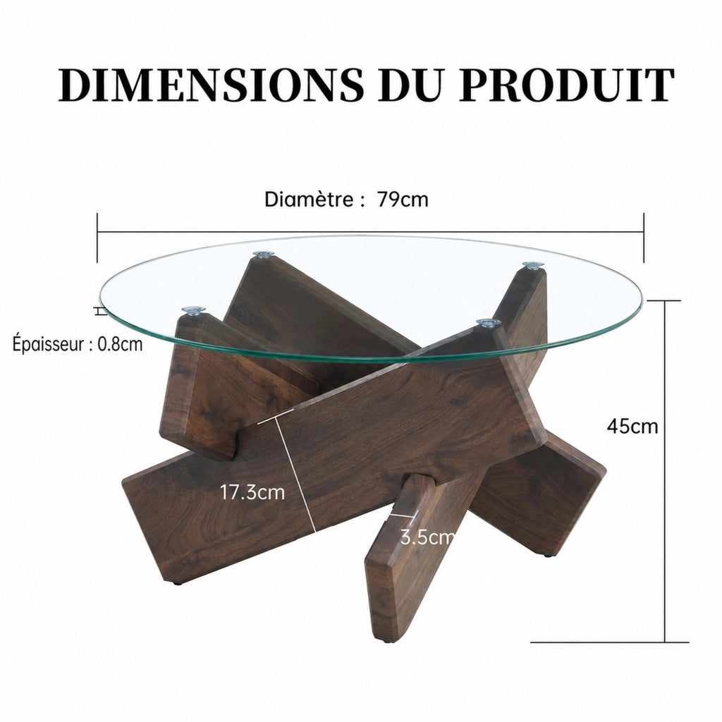 TAVOLINO rotondo 79 cm MDF e vetro trasparente effetto noce