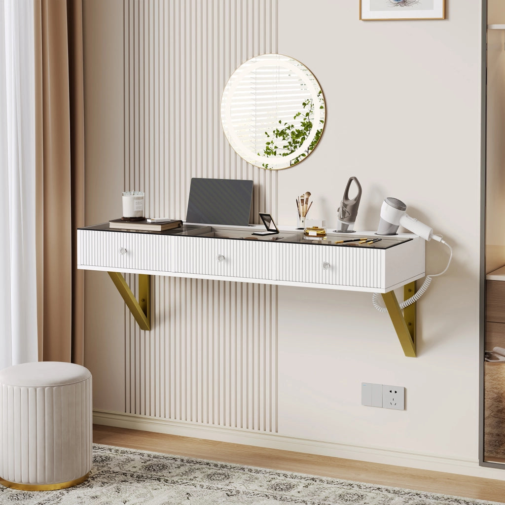 Tavolo da toeletta a parete con 3 cassetti; piano vetro; supporto tablet e portacoppe; Bianco; 120×40×45cm (senza specchio LED)