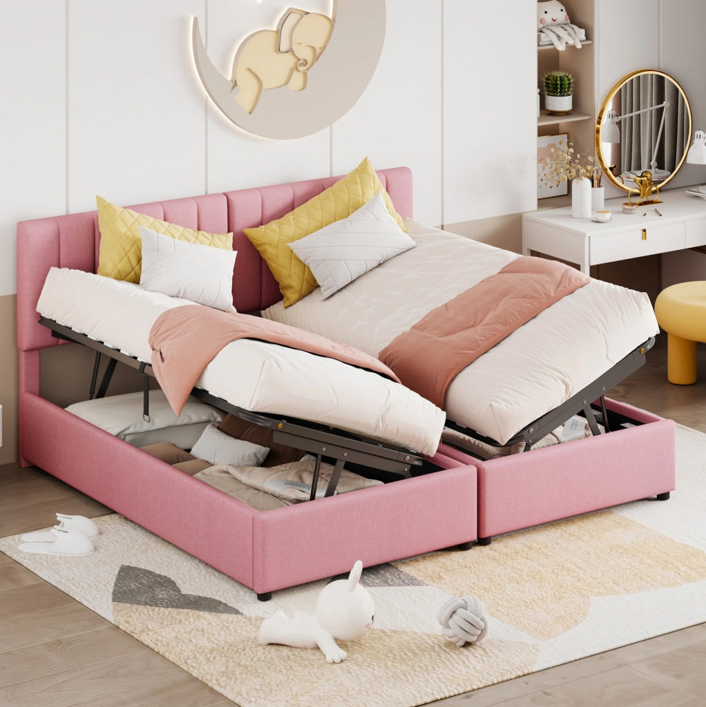 Letto imbottito 180x200 cm con contenitore idraulico; convertibile in 2 letti; rosa
